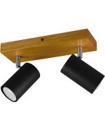 Trio Marley 812400232 spotje met rechthoekige houten plafondplaat en twee zwarte cilindervormige spotjes met GU10 lampje