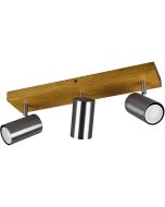 Trio Marley 812400307 spotje met rechthoekige houten plafondplaat en drie staalkleurige cilindervormige spotjes met GU10 lampje