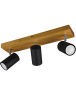 Trio Marley 812400332 spot met rechthoekige houten plafondplaat en drie zwarte cilindervormige spotjes met GU10 lampje