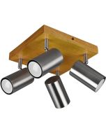 Trio Marley 812400407 spot met vierkante houten plafondplaat en vier staalkleurig cilindervormige spotjes met GU10 lampje