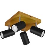 Trio Marley 812400432 spot met vierkante houten plafondplaat en vier zwarte cilindervormige spotjes met GU10 lampje