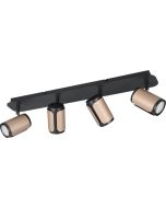 Trio Gillan 814500465 spot met zwart rechthoekige plafondbalk en vier zwart met koffiebruine spotjes met GU10 lampje