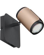 Trio Gillan 814570165 spot met zwarte vierkante wandplaat, schakelaar en zwart met koffiebruin spotje met GU10 lampje