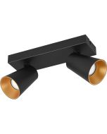 Trio Sharp 817100232 zwarte spot met rechthoekige plafondplaat en twee kegelvormige spotjes met verdiepte GU10 lamp en goudkleurige binnenzijde