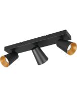 Trio Sharp 817100332 zwarte spot met rechthoekige plafondplaat en drie kegelvormige spotjes met verdiepte GU10 lamp en goudkleurige binnenzijde