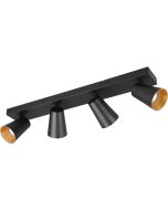 Trio Sharp 817100432 zwarte spot met rechthoekige plafondplaat en vier kegelvormige spotjes met verdiepte GU10 lamp en goudkleurige binnenzijde