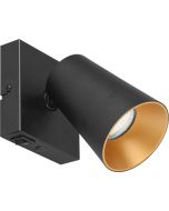 Trio Sharp 817170132 zwarte spot met vierkant wandplaatje en kegelvormig spotje met verdiepte GU10 lamp en goudkleurige binnenzijde