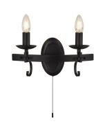 Searchlight Cartwheel zwarte wandlamp in kasteelstijl met twee kaarslampen en trekschakelaar