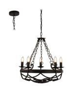 Searchlight Cartwheel zwarte kroonluchter in kasteelstijl met vrij kaarslampen en diverse kettingen