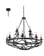 Searchlight Cartwheel zwarte kroonluchter met een diameter van 89cm in kasteelstijl met twaalf kaarslampen en diverse kettingen