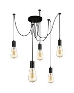 Searchlight Squiggle hanglamp met zwarte plafondplaat en vijf fittingen met edison lamp en aparte plafondkabelbevestiging voor een sierlijk effect