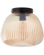 Brilliant Kaizen 96940/86 amber geribbeld glazen plafondlamp met zwarte plafondplaat