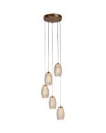 Searchlight Cyclone hanglamp met een diameter van 35cm, een messing plafondplaat en vijf pendels met champagnekleurige glazen kappen met een tornadovormig element erin