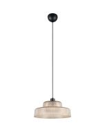 Reality Abella zwarte hanglamp met twee laags ronde kap van amberkleurig geribbeld glas met een diameter van 35 cm