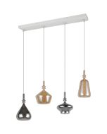 74,5 cm lange Trio Aldea hanglamp met witte plafondbalk en vier pendels met amber en rookglazen kappen met wit glazen binnenschaal