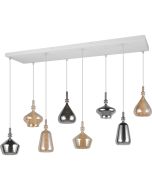 125 cm lange Trio Aldea hanglamp met witte plafondbalk en acht pendels met amber en rookglazen kappen met wit glazen binnenschaal