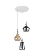 Trio Aldea hanglamp van 35,5 cm in diameter met witte plafondplaat en drie pendels met 1 amber en twee rookglazen kappen met wit glazen binnenschaal