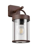 Reality Almeria roestbruine wandlamp voor buiten van 29cm hoog met hangende cilindervormige lantaarn van transparant kunststof