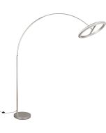 Trio Amador staal kleurige booglamp met een uitval van 65 tot 165 cm met een cirkelvormige kap met twee LED randen