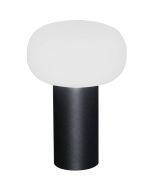 Konstsmide Antibes zwart aluminium tafellamp voor buiten met wit glazen kap van 25 cm hoog.