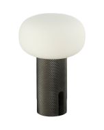 Konstsmide Antibes geribbeld staal kleurige oplaadbare tafellamp van 16 cm hoog met ovaal opaal glazen kap