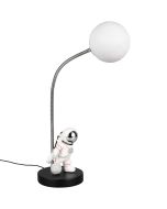 Reality Arm R53801102 kindertafellamp met een astronaut op de lampvoet en witte lichtbal aan een flexibele staalkleurige arm