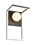 Trio Arola zwarte wandlamp met metalen frame met LED rand en een wit glazen bol aan een metalen wandplaat met schakelaar en DIP schakelaar