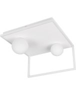 Trio Arola witte plafondlamp met metalen frame met LED rand en twee wit glazen bollon aan een metalen plafondplaat van 37,5 bij 36 cm met schakelaar en DIP schakelaar