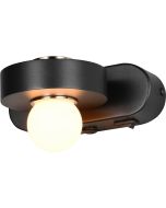 Trio Arpino zwarte wandlamp met ovale wandplaat van 15cm breed en schijfvormig element met wit glazen LED bol naar beneden en LED spot omhoog