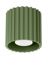 Sollux Aura olijf groen geribbeld cilindervormige plafondlamp van 10 cm in diameter met een GU10 lampje erin