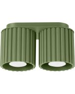 Sollux Aura olijf groene plafondlamp van 21 cm breed met twee geribbeld cilindervormige kappen naast elkaar met elk een GU10 lamp