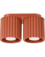 Sollux Aura oker rode plafondlamp van 21 cm breed met twee geribbeld cilindervormige kappen naast elkaar met elk een GU10 lamp