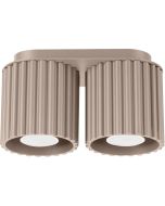 Sollux Aura taupe kleurige plafondlamp van 21 cm breed met twee geribbeld cilindervormige kappen naast elkaar met elk een GU10 lamp