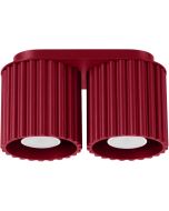 Sollux Aura burgundy plafondlamp van 21 cm breed met twee geribbeld cilindervormige kappen naast elkaar met elk een GU10 lamp