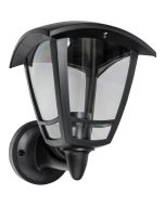 zwarte buitenwandlamp Axis van 17 cm hoog met een staande lantaarn en vier transparante kunststof ruitjes