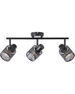Brilliant Bano 99870/76 plafondspot met zwarte stang en drie spotjes met zwarte kapjes van metaal met open motief
