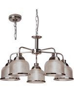 Searchlight Bistro 1685-5SS staalkleurige kroonluchter aan een ketting met vijf armen met elk een hangend kapje van holofaan glas