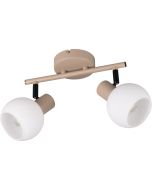 Reality Boba warm beige plafondspot van 25 cm lang met twee spotjes met rond wit glazen kapje