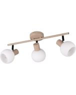 Reality Boba warm beige plafondspot van 45 cm lang met drie spotjes met rond wit glazen kapje