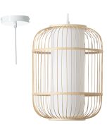 Brilliant Bones 99245/09 hanglamp met witte pendel en ovale kap van bamboe spijlen en cilindervormige kap van textiel daarin
