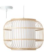 Brilliant Bones 99266/09 hanglamp met witte pendel en bolvormige kap van bamboe spijlen en cilindervormige kap van textiel daarin
