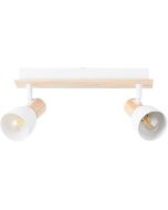 Brilliant Daintree 99711/75 plafondspot met houten plafondplaat afwerking en twee spotjes met houten fittinghouder en wit metalen kapje met kogellampje