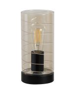 Searchlight Broughton tafellamp met zwarte voet en amberkleurig cilindervormig glas met een spiraaldraad erdoor