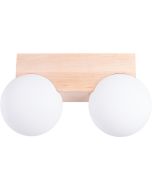 Sollux Bulbo rechthoekige houten plafondlamp met twee wit bolvormig glazen kappen van 12 cm in diameter