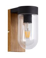 Brilliant Cabar 96372/76 wandlamp voor buiten met een houten wandplaat en zwarte bovenzijde en helder glazen kap voor om de lichtbron
