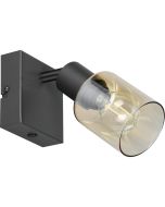 Reality Cadiz zwarte spot van 15 cm hoog met amber glazen kapje en kogellampje