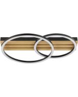 Brilliant Calma zwarte plafonnière met een lengte van 54 cm  bestaande uit een rechthoekige plafondbalk met drie houten latten en twee zwart metalen cirkels met geïntegreerde LED