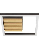 Brilliant Calma zwarte plafonnière met een doorsnede van 27,5 cm  bestaande uit een vierkante plafondplaat met vier houten latten en vierkant zwart metalen frame met geïntegreerde LED eromheen