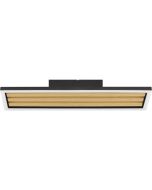 Brilliant Calma zwarte plafonnière met een doorsnede van 27,5 cm  bestaande uit een vierkante plafondplaat met vier houten latten en vierkant zwart metalen frame met geïntegreerde LED eromheen