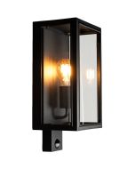 Konstsmide Carpi zwarte rechthoekige wandlamp voor buiten van 36,5 cm hoog met transparante ruitjes en een brandend peertje
